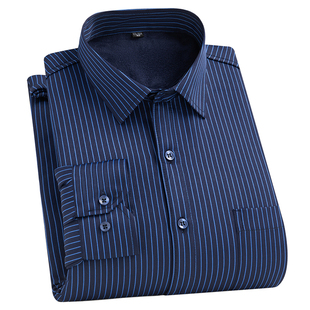 啄木鸟男士加绒加厚保暖衬衫中老年商务正装条纹长袖衬衣男打底衫