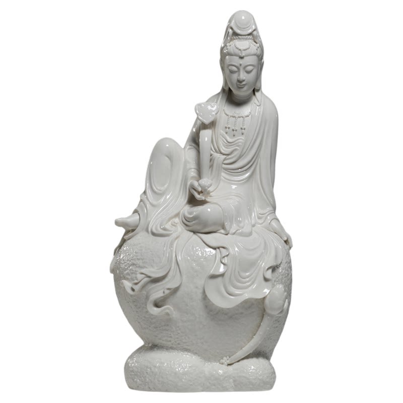 微美16寸如意坐岩自在观音像观世音家用玄关办公室白瓷工艺品摆件