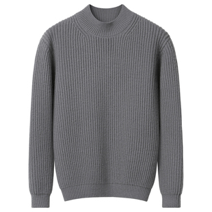 简约风男士中半高领坑条针织衫驼色加厚百搭毛衣打底衫冬季男装潮