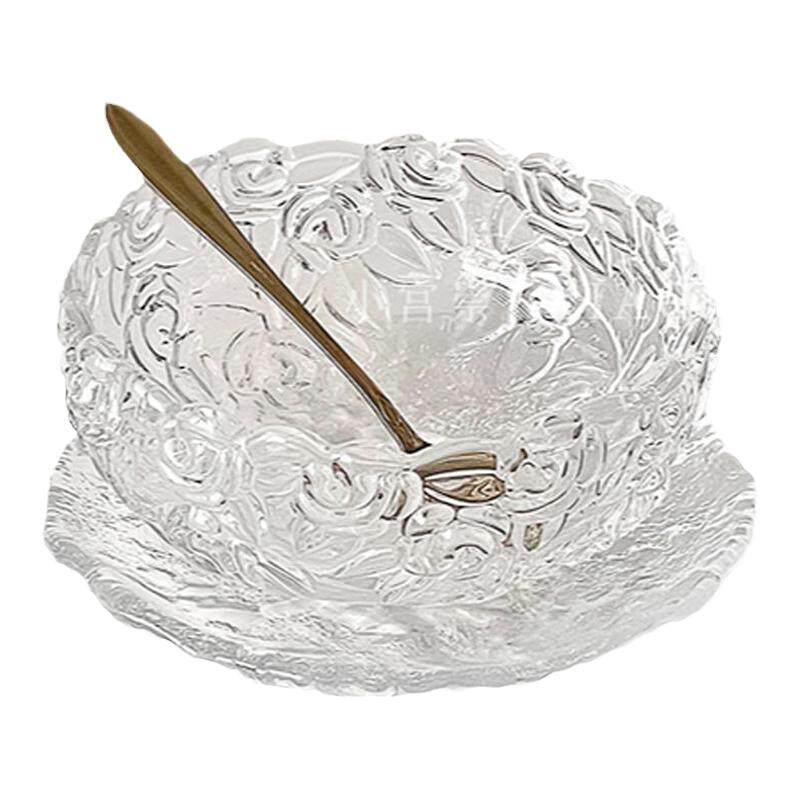 送勺*高颜值玫瑰透明金边甜品糖水碗燕窝碗水果沙拉碗家用酸奶碗