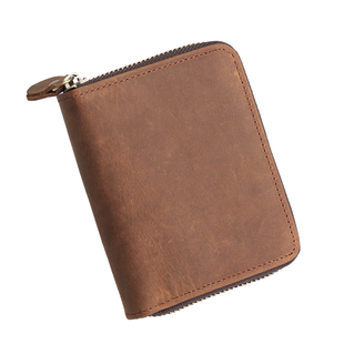 疯马皮拉链短钱包头层牛皮多功能钱夹手工真皮男士复古竖款零钱包