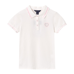 POLOWALK童装女童短袖T恤26夏季新品珠地白色翻领中大童百搭上衣