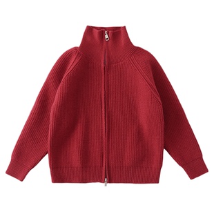 喜庆亲子装秋冬2026新年一家三四口高领拉链开衫过年红色拜年毛衣