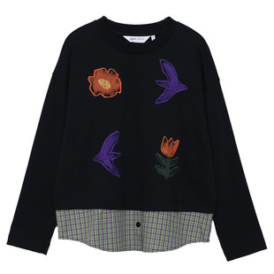 MOVEUP幻走2026春季新款.FUN系列圆领趣味绣花撞色格纹短款卫衣女