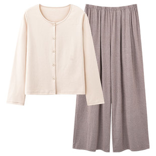 芬腾可安睡衣女款冬季纯棉布料100全棉带胸垫长袖杏家居服春秋天