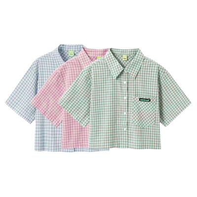 森马中袖衬衫女短款宽松小个子衬衣夏季甜酷俏皮设计感格子衫温柔