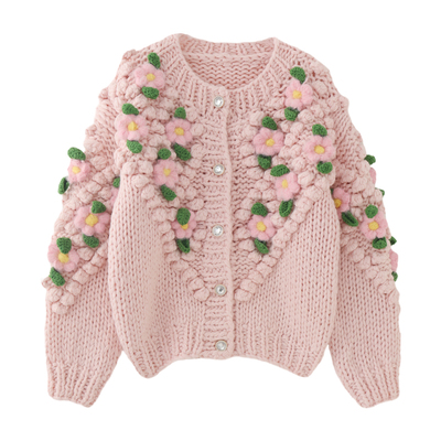 蔻后圆领甜美针织手工花朵开衫