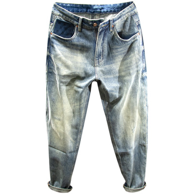 夏季刮烂小破洞做旧复古风直筒裤