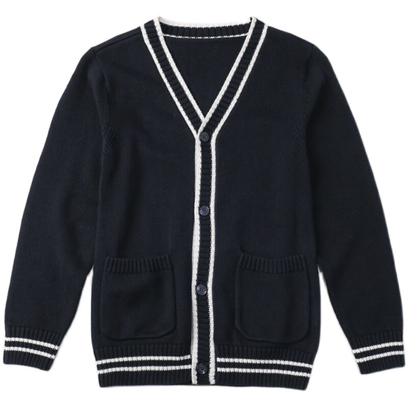 纯棉藏青小学生校服开衫儿童毛衣