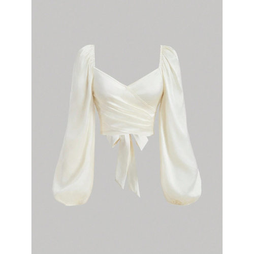 P 27236 French satin puff sleeve tie top 法式缎面泡泡袖绑带