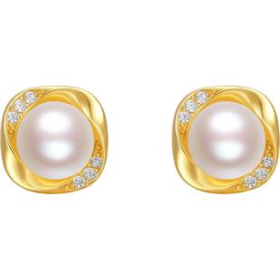 周六福耳钉淡水珍珠几何耳饰S925银甜美优雅送女友本命年礼物