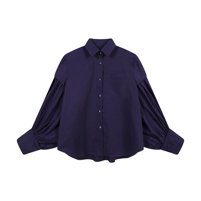 复古翻领褶裥大灯笼袖设计感