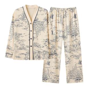 三枪纯棉睡衣女士春秋款秋季长袖休闲家居服时尚和服全棉女生套装