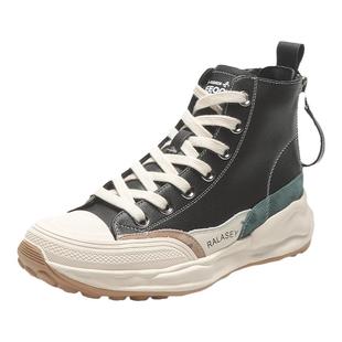 头层牛皮高帮鞋女2025早春新款真皮后拉链松糕厚底增高小白鞋百搭