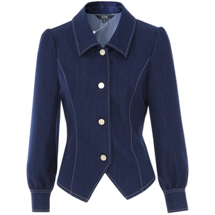 设计总监然姐EITIE爱特爱时尚翻领复古灯笼袖收腰牛仔短外套