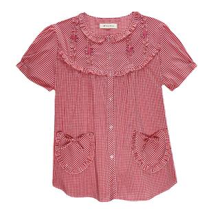 贵夫人红色大码睡衣夏季女士纯棉家居服套装格子舒适时尚短袖短裤