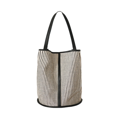 SecondMoon定制法国棉麻条纹拼小羊皮韩系单肩水桶包