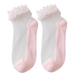 蕾丝花边袜子女网红玻璃丝水晶珍珠短袜棉ins潮夏季薄款透明网纱