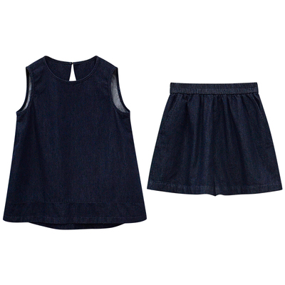 深蓝设计感镂空牛仔背心短裤套装