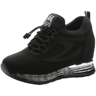 黑色内增高韩版厚底坡跟休闲鞋