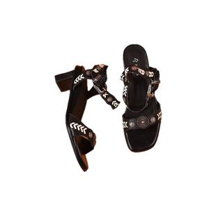 创新设计全脚掌受力一字带高跟欧美风度假沙滩粗跟罗马凉鞋241019