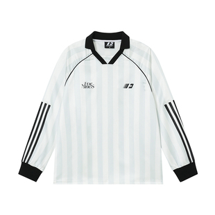 FORNINES缎面polo领条纹球衣男女国潮足球服运动复古美式长袖T恤