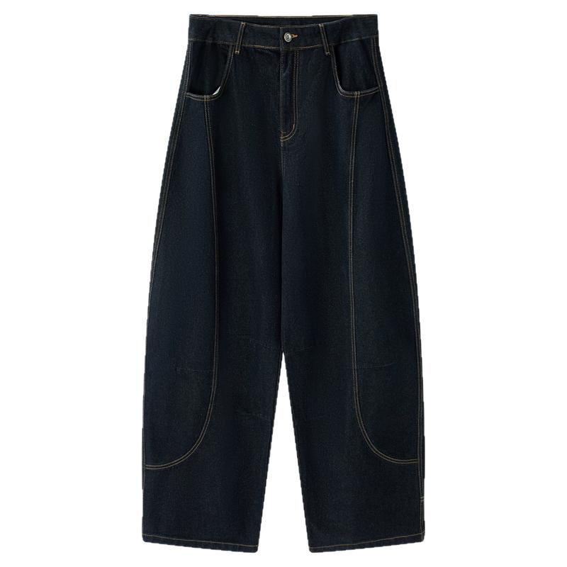 流石男装黑色宽松明线原牛直筒裤男25年秋季百搭弯刀阔腿牛仔裤