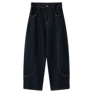 流石男装黑色宽松明线原牛直筒裤男2026年春季百搭弯刀阔腿牛仔裤