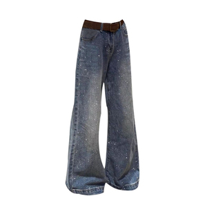 复古蓝细闪烫钻阔腿牛仔裤女2026早春大码宽松气质显瘦垂感拖地裤