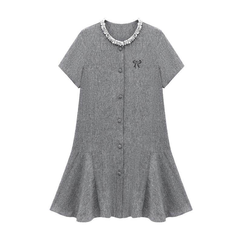 Basic House/百家好刺绣亮片领连衣裙女夏季垂感中长裙高级感显瘦
