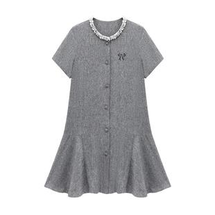 Basic House/百家好刺绣亮片领连衣裙女夏季垂感中长裙高级感显瘦