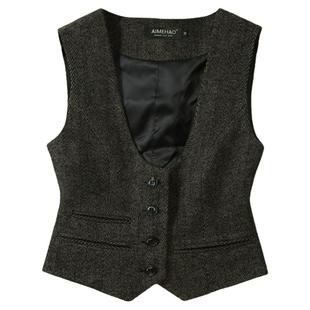 韩版复古U领人字纹大衣叠穿毛呢马夹 百搭修身无袖西服马甲女春秋