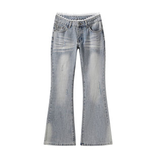 星期六高腰蕾丝花边微喇牛仔裤2026春季新款小个子时尚牛仔裤长裤