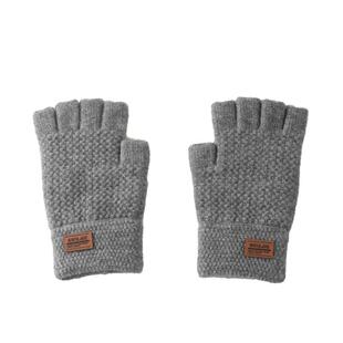 男款半指手套秋冬工作学习写字保暖毛线针织加绒加厚漏五指可触屏