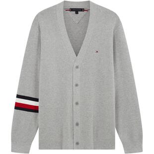 Tommy26秋冬新款男女丝棉混纺拼色袖管V领学院针织开衫毛衣外套