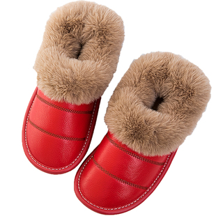 牛皮棉拖鞋女包跟带后跟家居家用秋冬季厚底防滑真皮面保暖拖鞋男