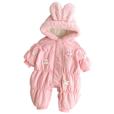 洋气超萌女宝宝夹棉连体衣冬装可爱婴儿衣服冬季外出幼儿加厚外套