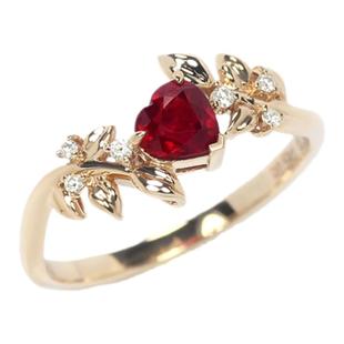 G18K玫瑰金天然红宝石心形复古枝叶戒指 鸽血红色镶钻石手饰女款