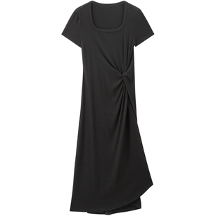 太平鸟U领短袖针织通勤连衣裙春装新款腰部扭结设计T恤连身裙品质