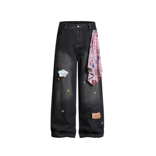 300斤大码黑色直筒牛仔裤女胖mm小众减龄设计感卡通刺绣阔腿裤子