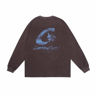 CONTRAFIEND小众设计感渐染大LOGO印花圆领长袖T恤 宽松休闲上衣