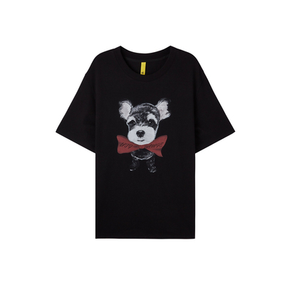 U/TI黑色雪纳瑞印花短袖女 时尚百搭阔版纯棉T恤尤缇2025春季新款