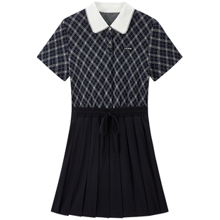 乐町拼接撞色衬衫领连衣裙女2026年夏季新款精致花边百褶短袖裙子