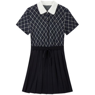 乐町拼接撞色衬衫领连衣裙女2026年夏季新款精致花边百褶短袖裙子