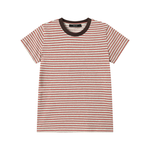 THESOONG/假日条纹 100%纯棉撞色条纹透气肤感圆领短袖T恤女8456