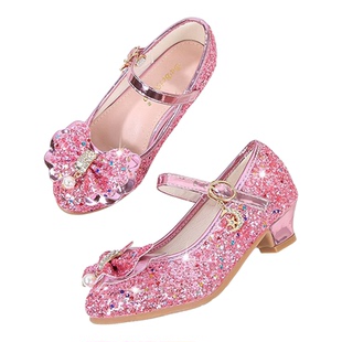 叶罗丽儿童高跟鞋艾莎公主水晶鞋闪闪亮片单鞋女童配晚礼服的鞋子