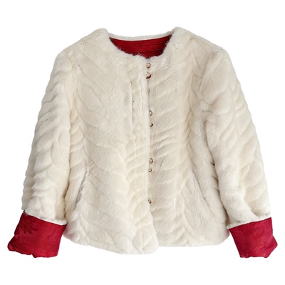 25冬红色仿水貂毛皮草一体外套女