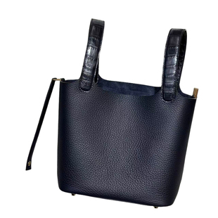 深海蓝进口TC皮拼鳄鱼皮菜篮子包女士手提包带锁手工包水桶时尚