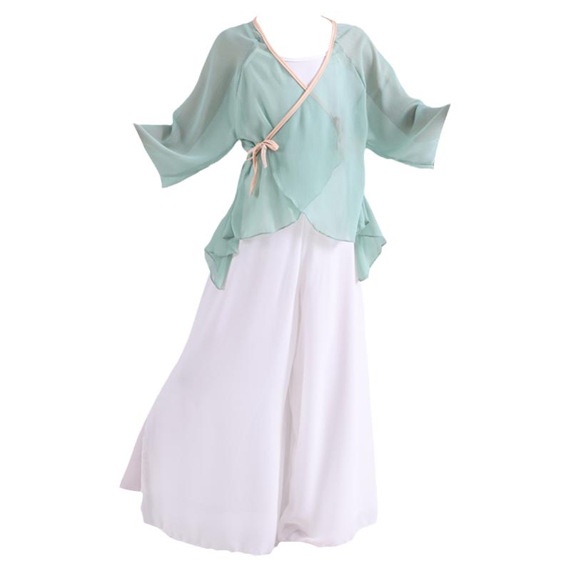 雪纺皱儿童古典舞演出服套装女绿色中袖上衣中国风训练功服阔腿裤