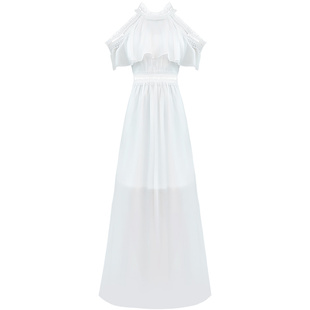 挂脖露肩雪纺连衣裙2026新款法国小众蕾丝渡假裙子白色长裙女夏季